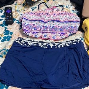 Pink and Blue Paisley Tankini Top with Navy Skirt